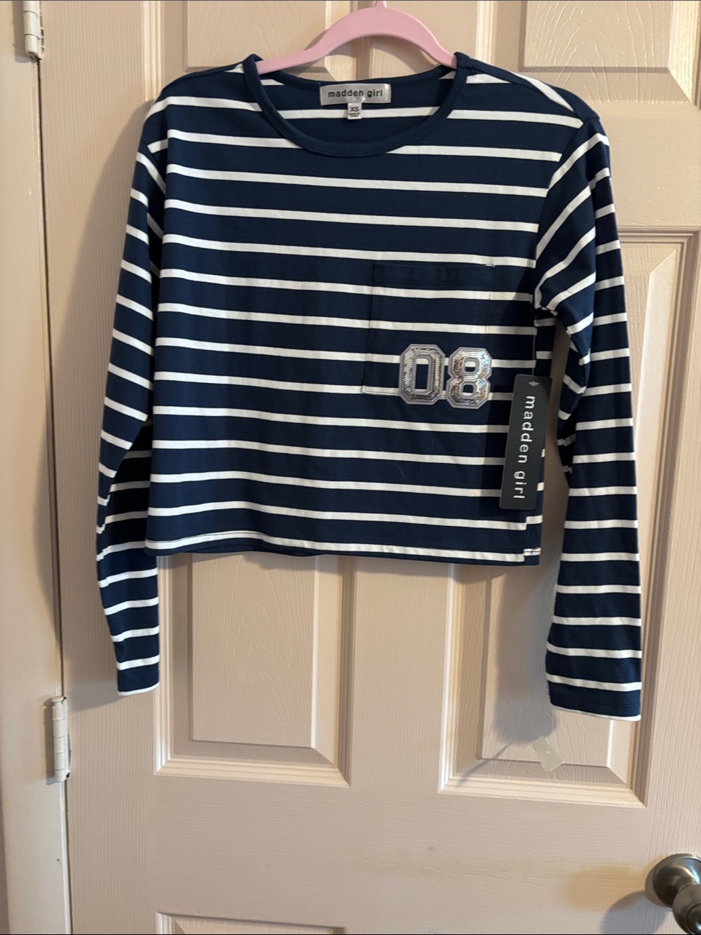 Madden Girl Navy and White Striped Long-Sleeve Tee with '08' Patch